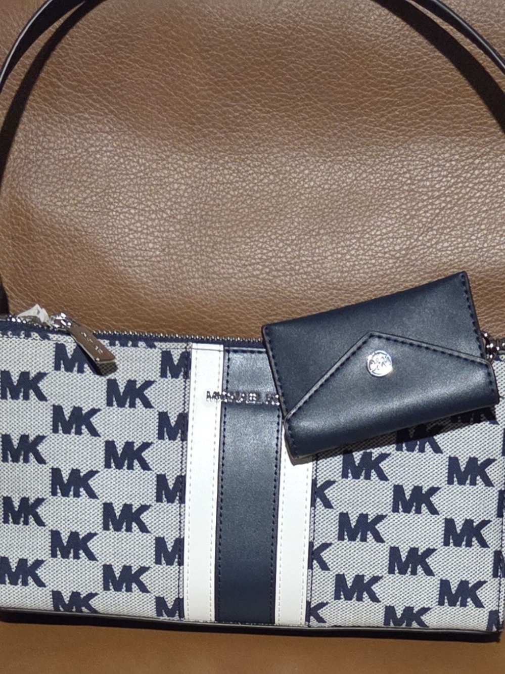 Michael Kors Vincent Medium Logo Jacquard Pochette with Card Case in Navy.